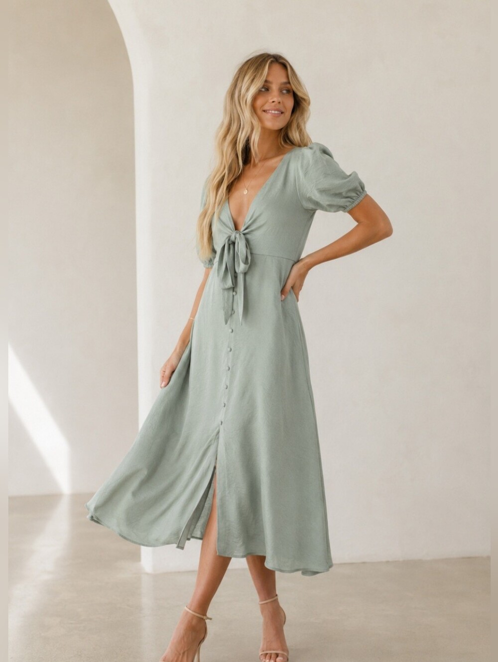 Petal & Pup Piper Sage Satin Tie Front Midi Dress – Size 2 XS